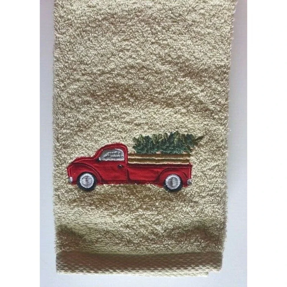 Christmas Tree Red Farm Truck Hand Towels Embroidered Bathroom 16x28 Set of 2